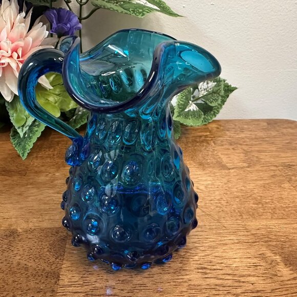 Empoli Blue Hobnail Glass Pitcher Vintage Italian Jug Vase Retro Barware - Picture 2 of 5